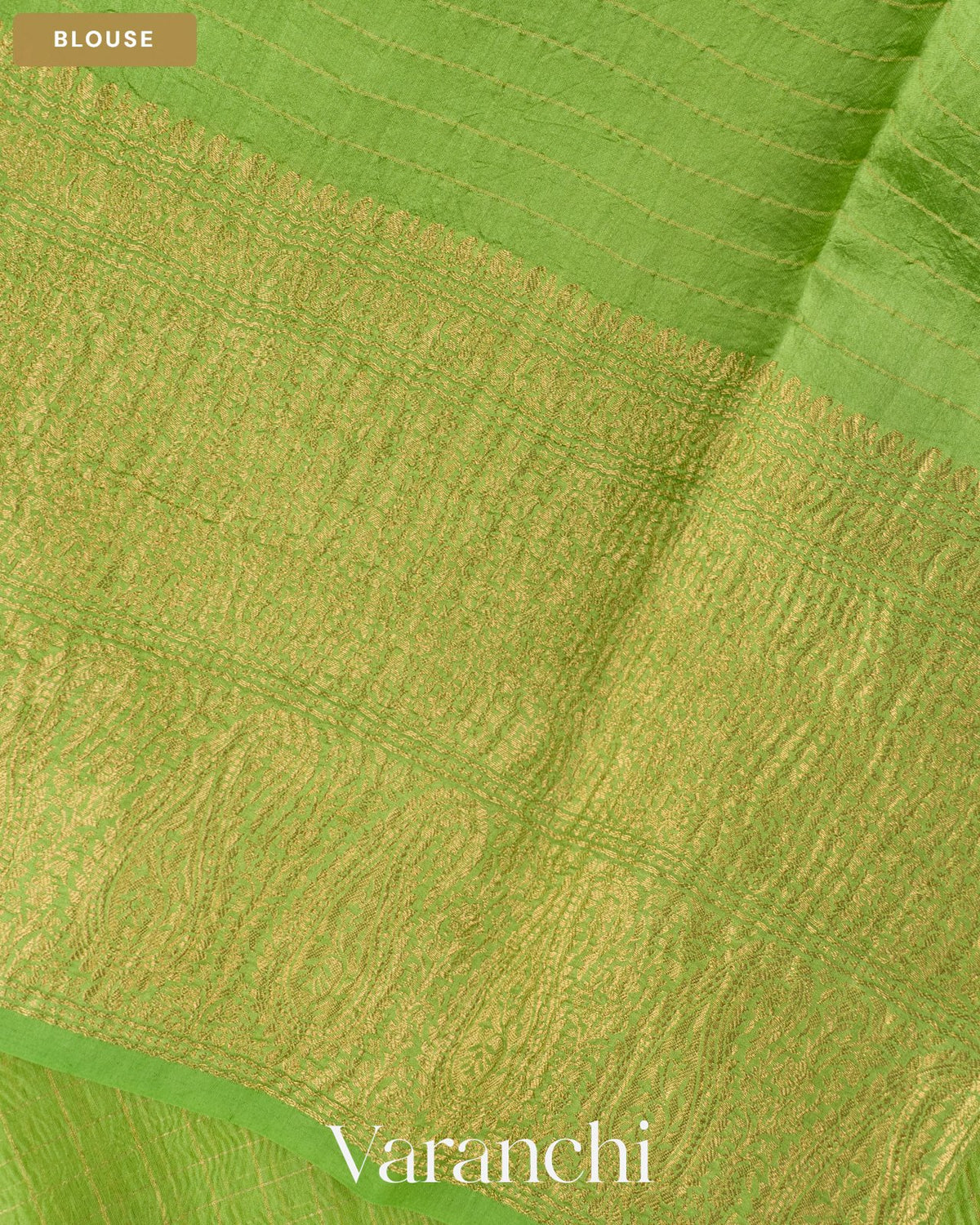 Parrot Green Checkered Pure Crush Kora Silk Saree — Blouse