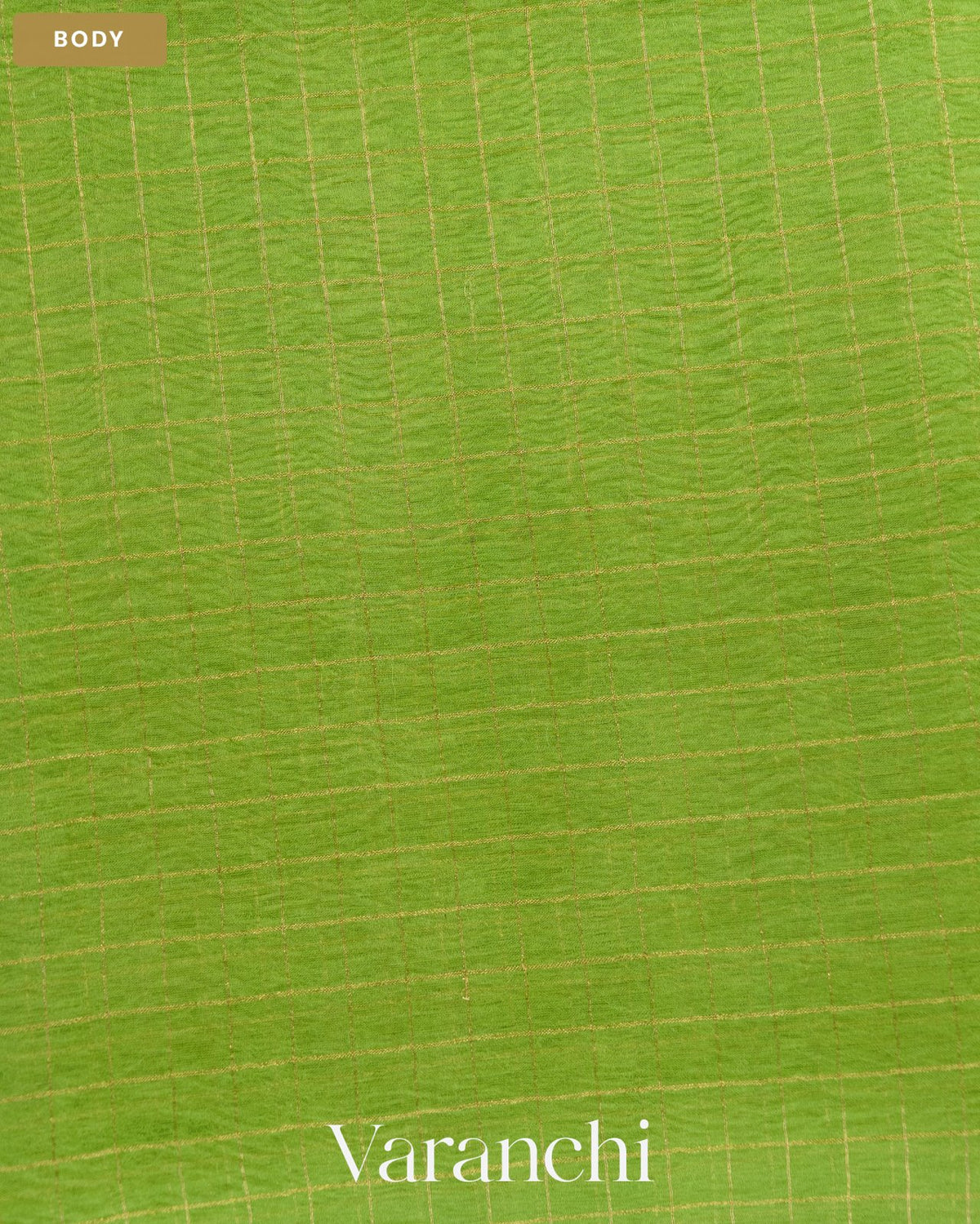 Parrot Green Checkered Pure Crush Kora Silk Saree — Body