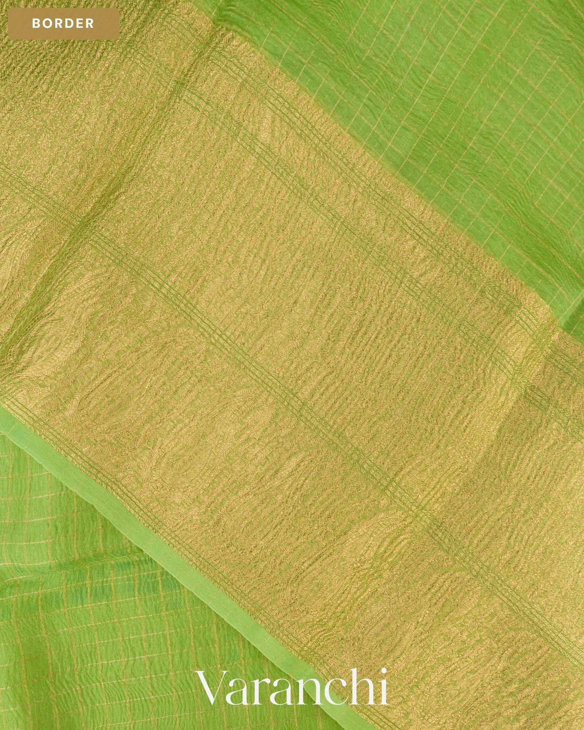 Parrot Green Checkered Pure Crush Kora Silk Saree — Border