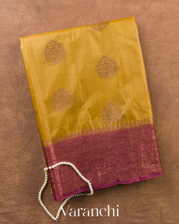 Olive Yellow Pure Tussar Silk Saree — Folded