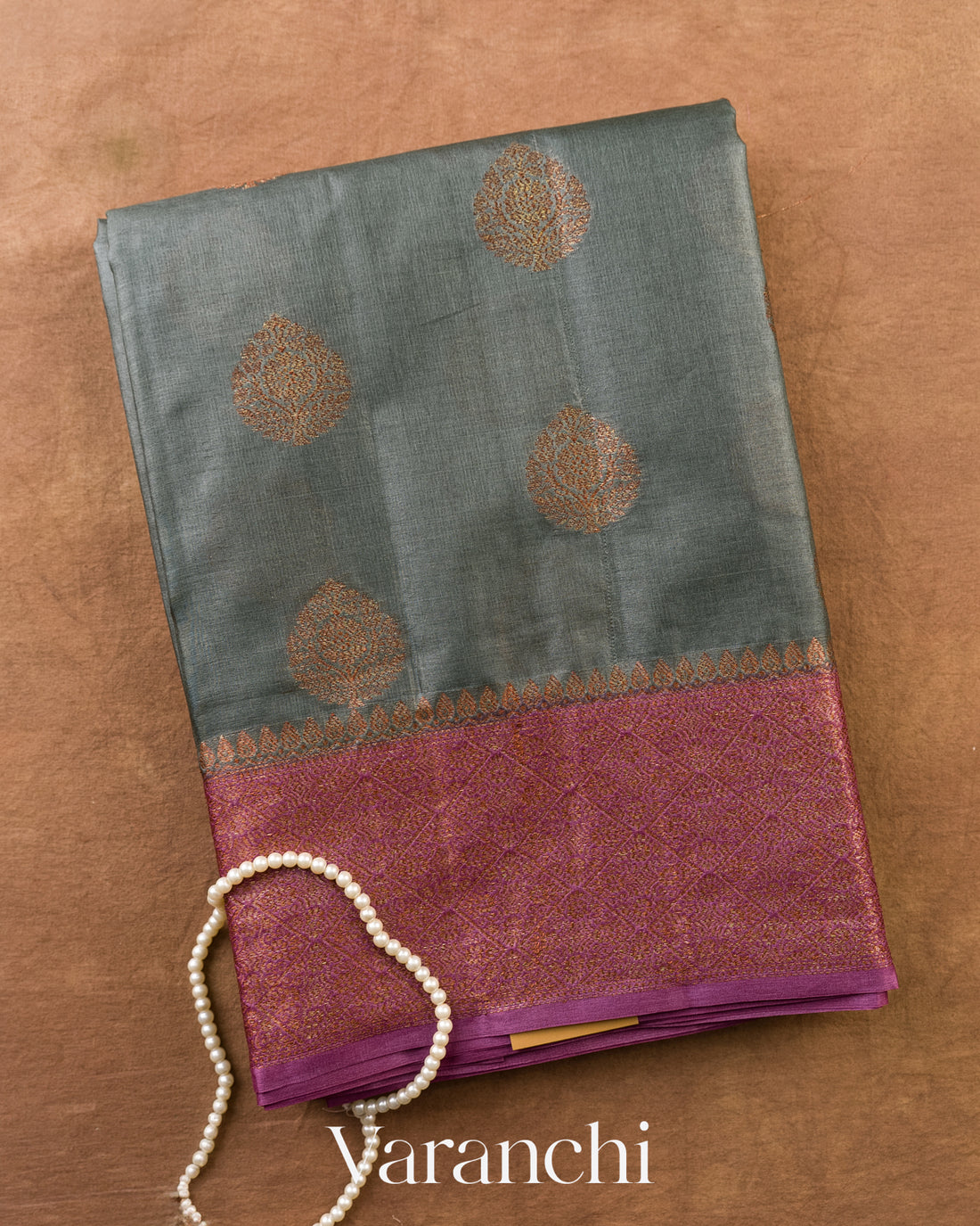 Slate Grey Pure Tussar Silk Saree — Folded