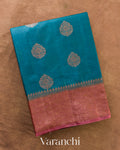 Teal Blue Pure Tussar Silk Saree — Folded