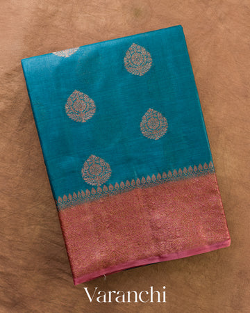Teal Blue Pure Tussar Silk Saree — Folded