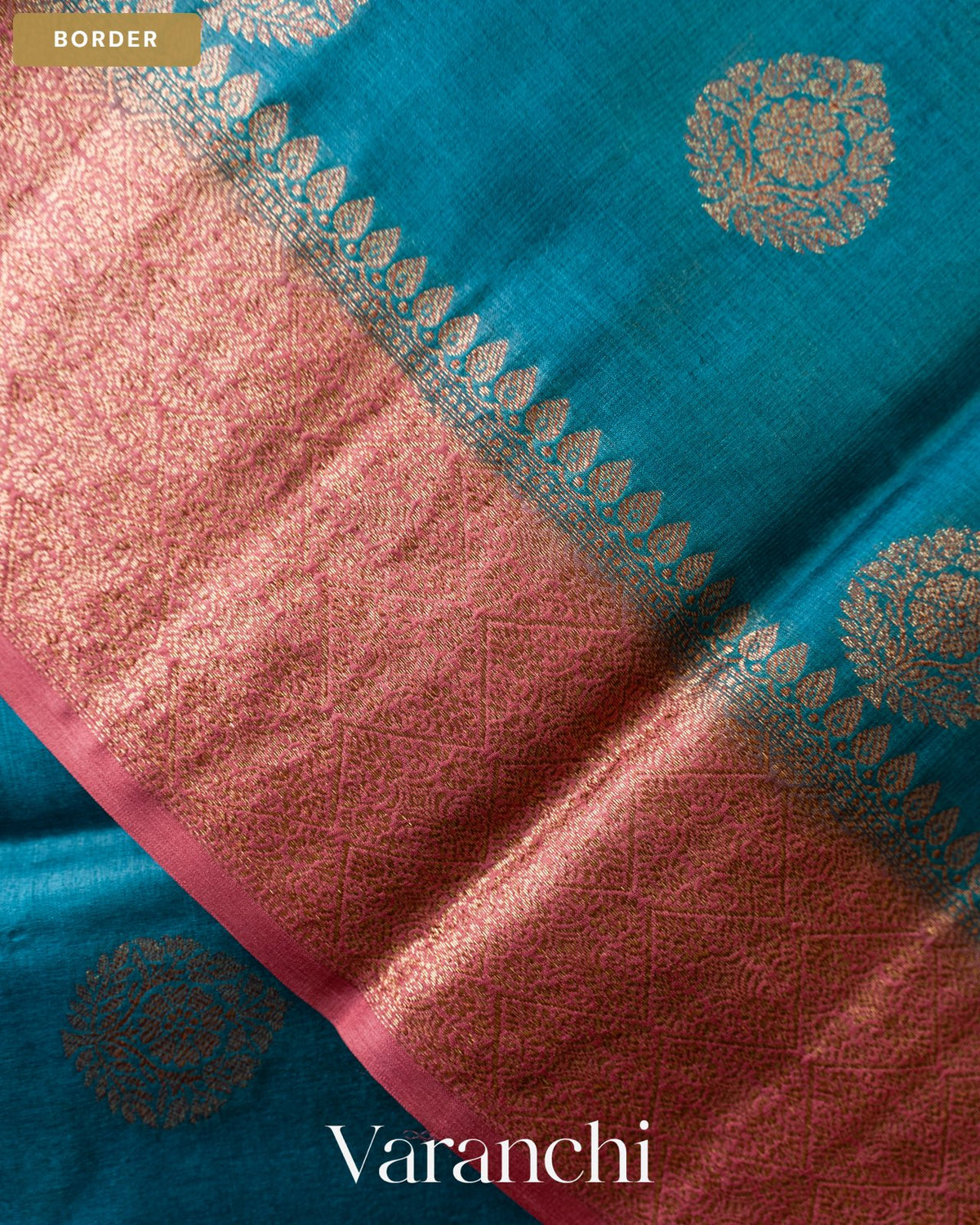 Teal Blue Pure Tussar Silk Saree — Border