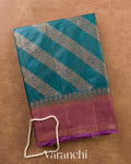 Teal Blue Lehariya Pure Tussar Silk Saree — Folded