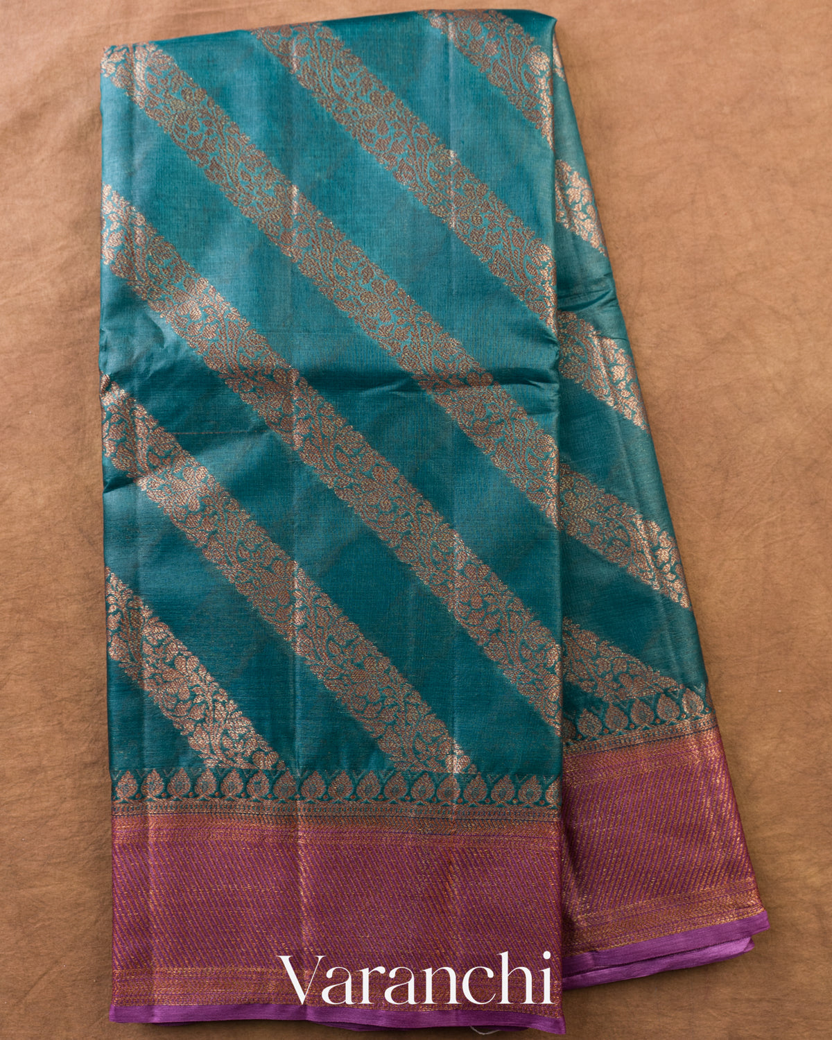 Teal Blue Lehariya Pure Tussar Silk Saree — Full Saree