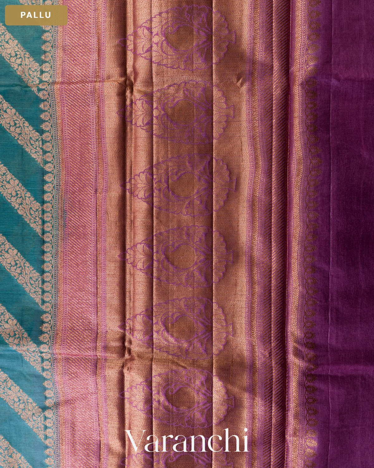 Teal Blue Lehariya Pure Tussar Silk Saree — Pallu