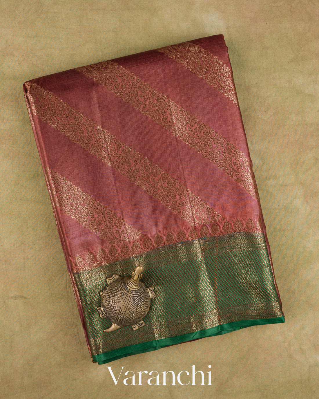 Onion Pink Lehariya Pure Tussar Silk Saree — Folded