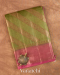 Olive Green Lehariya Pure Tussar Silk Saree — Folded