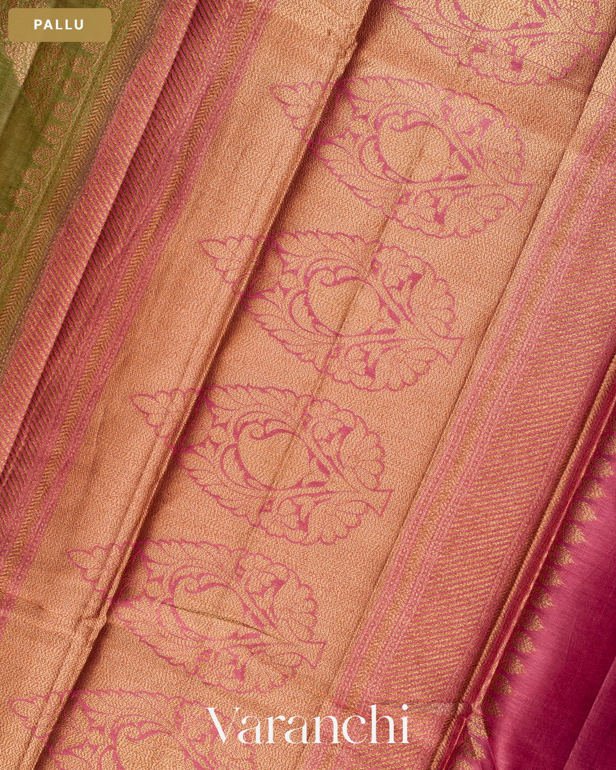 Olive Green Lehariya Pure Tussar Silk Saree — Pallu
