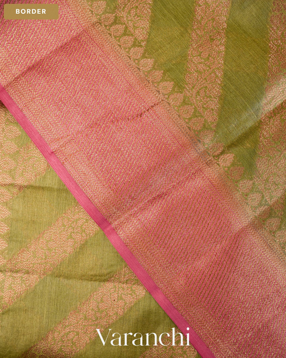 Olive Green Lehariya Pure Tussar Silk Saree — Border