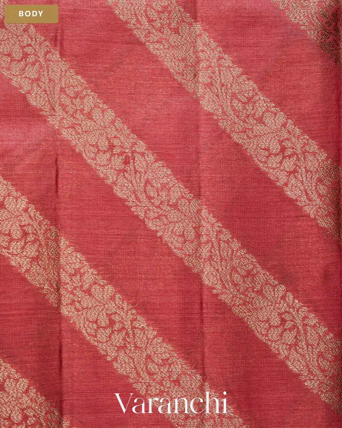 Deep Coral Pink Lehariya Pure Tussar Silk Saree — Body