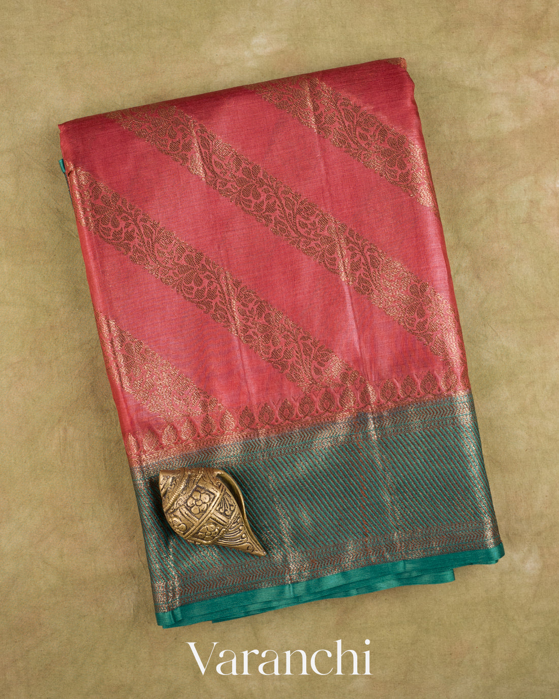 Deep Coral Pink Lehariya Pure Tussar Silk Saree — Folded