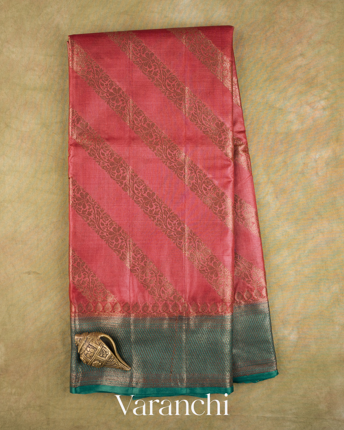 Deep Coral Pink Lehariya Pure Tussar Silk Saree — Full Saree