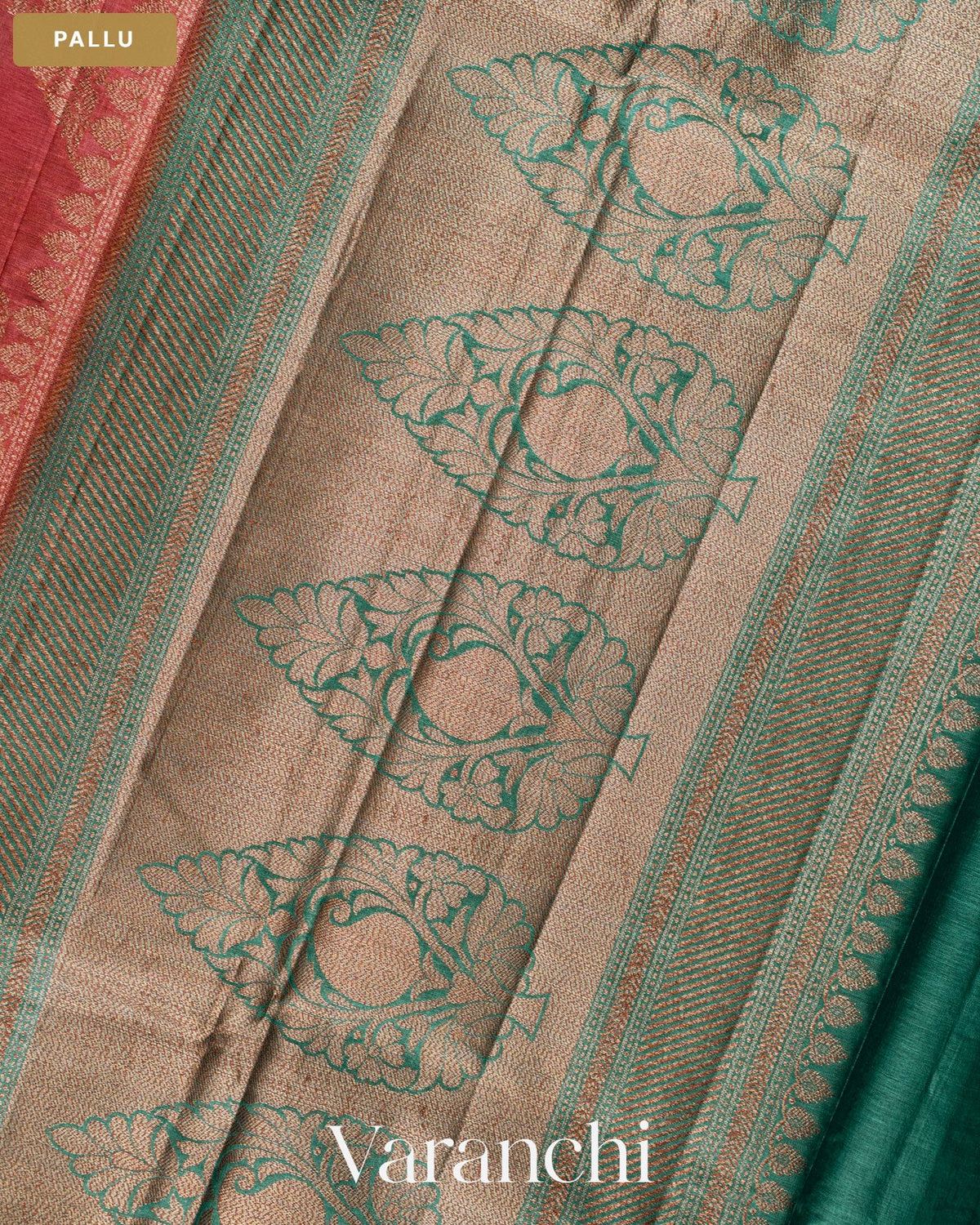 Deep Coral Pink Lehariya Pure Tussar Silk Saree — Pallu