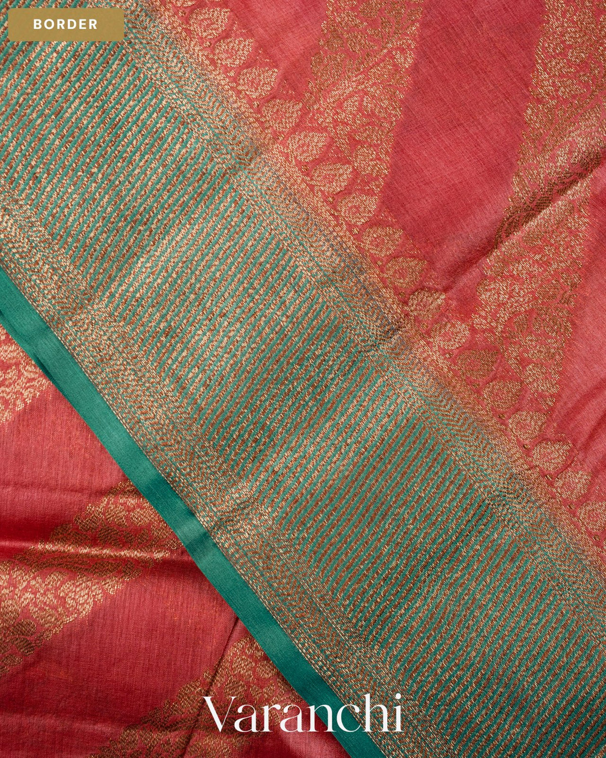 Deep Coral Pink Lehariya Pure Tussar Silk Saree — Border