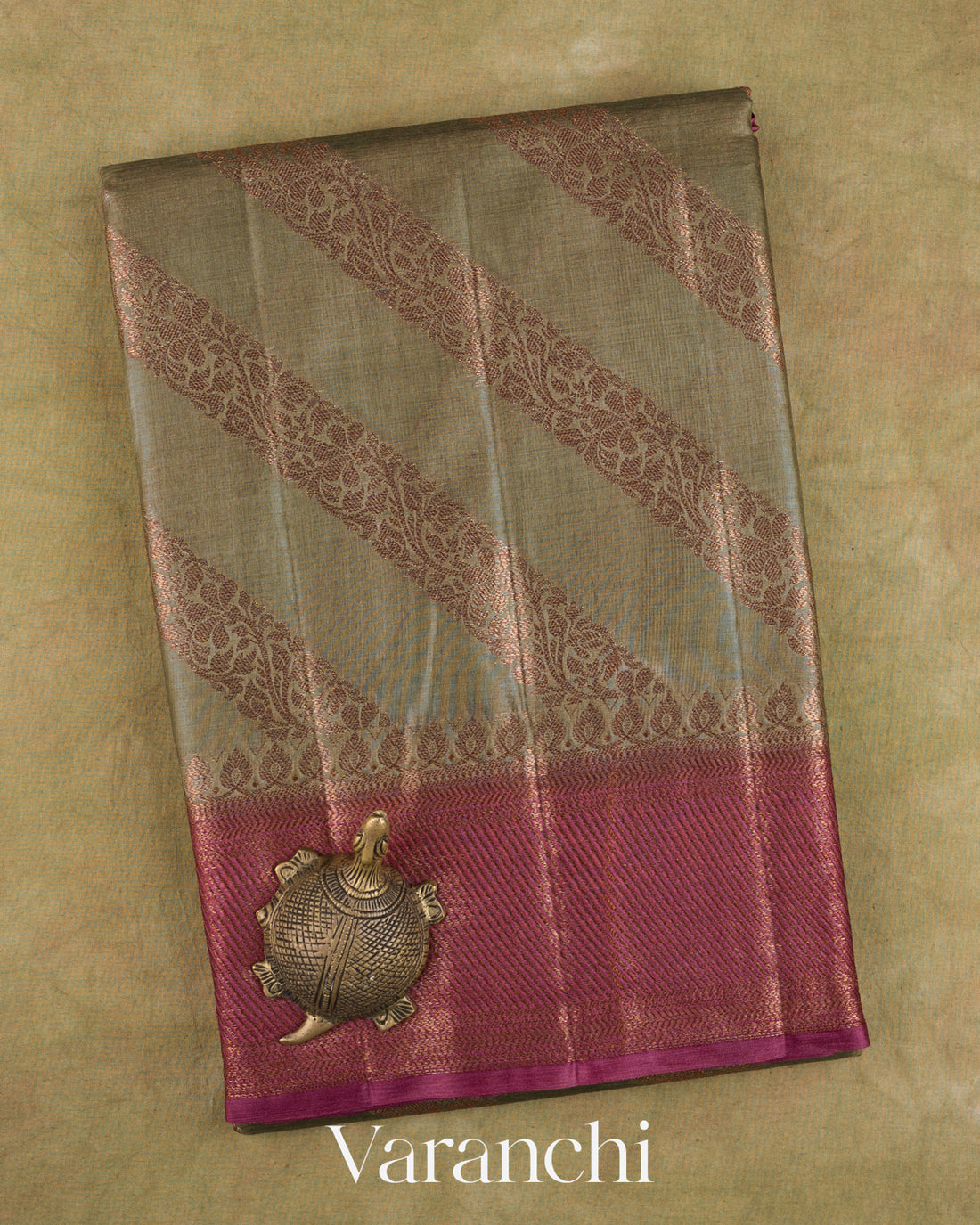 Grey Lehariya Pure Tussar Silk Saree — Folded