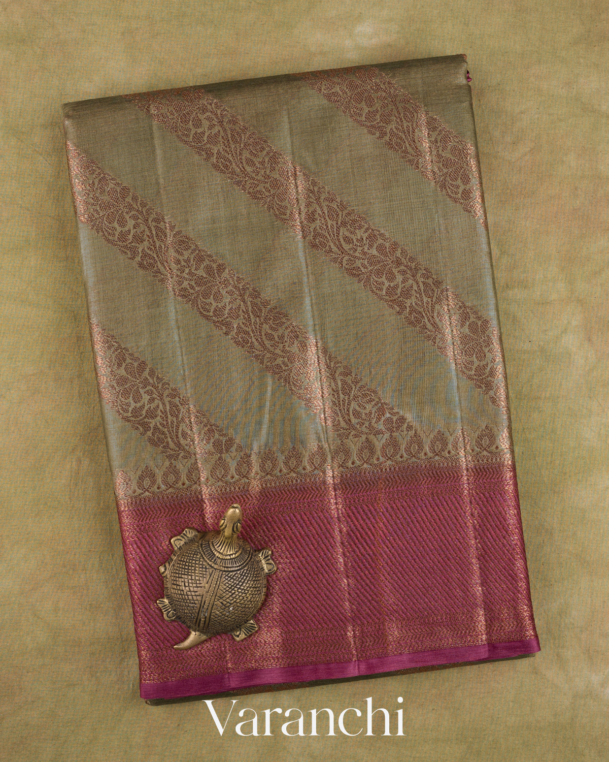 Grey Lehariya Pure Tussar Silk Saree — Folded