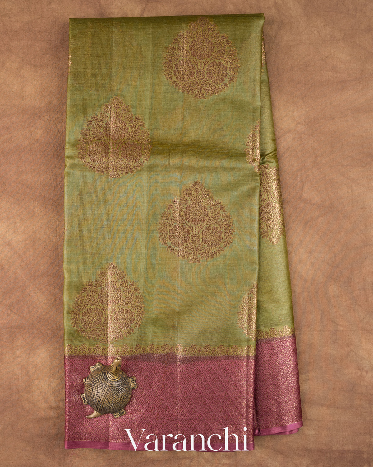 Olive Green Pure Tussar Silk Saree — Full Saree