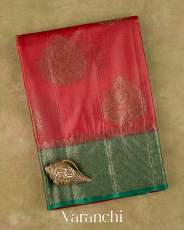 Tomato Red Pure Tussar Silk Saree — Folded