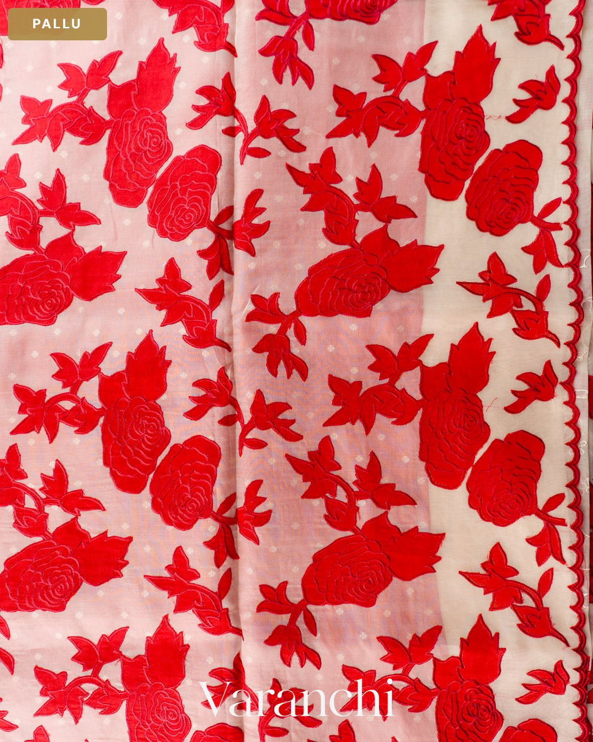 Off White Floral Applique Pure Kora Silk Saree — Pallu