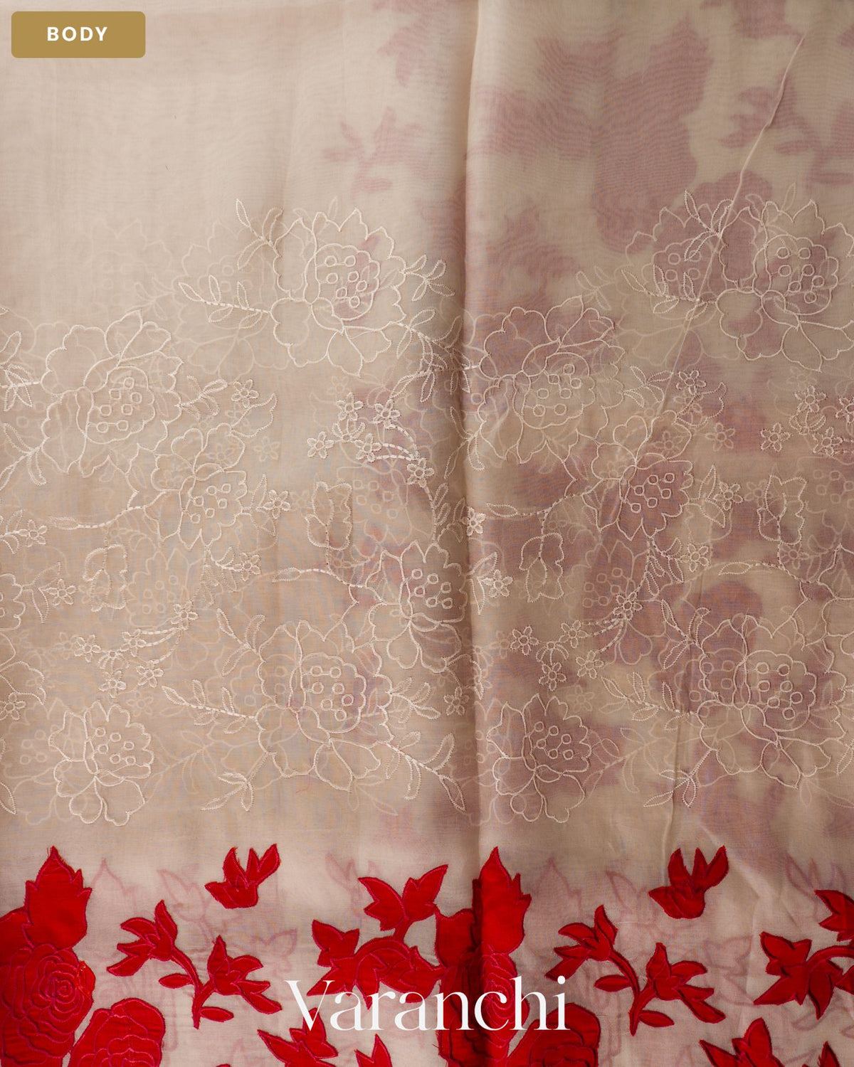 Off White Floral Applique Pure Kora Silk Saree — Body