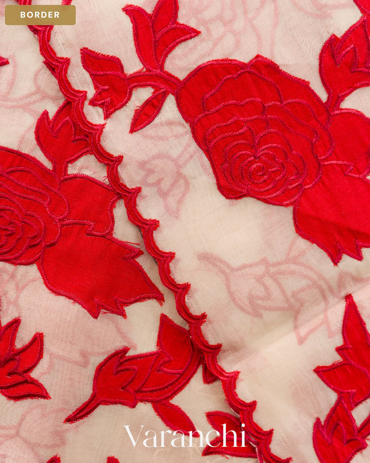 Off White Floral Applique Pure Kora Silk Saree — Border