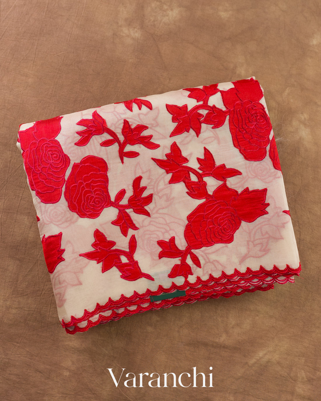 Off White Floral Applique Pure Kora Silk Saree — Folded