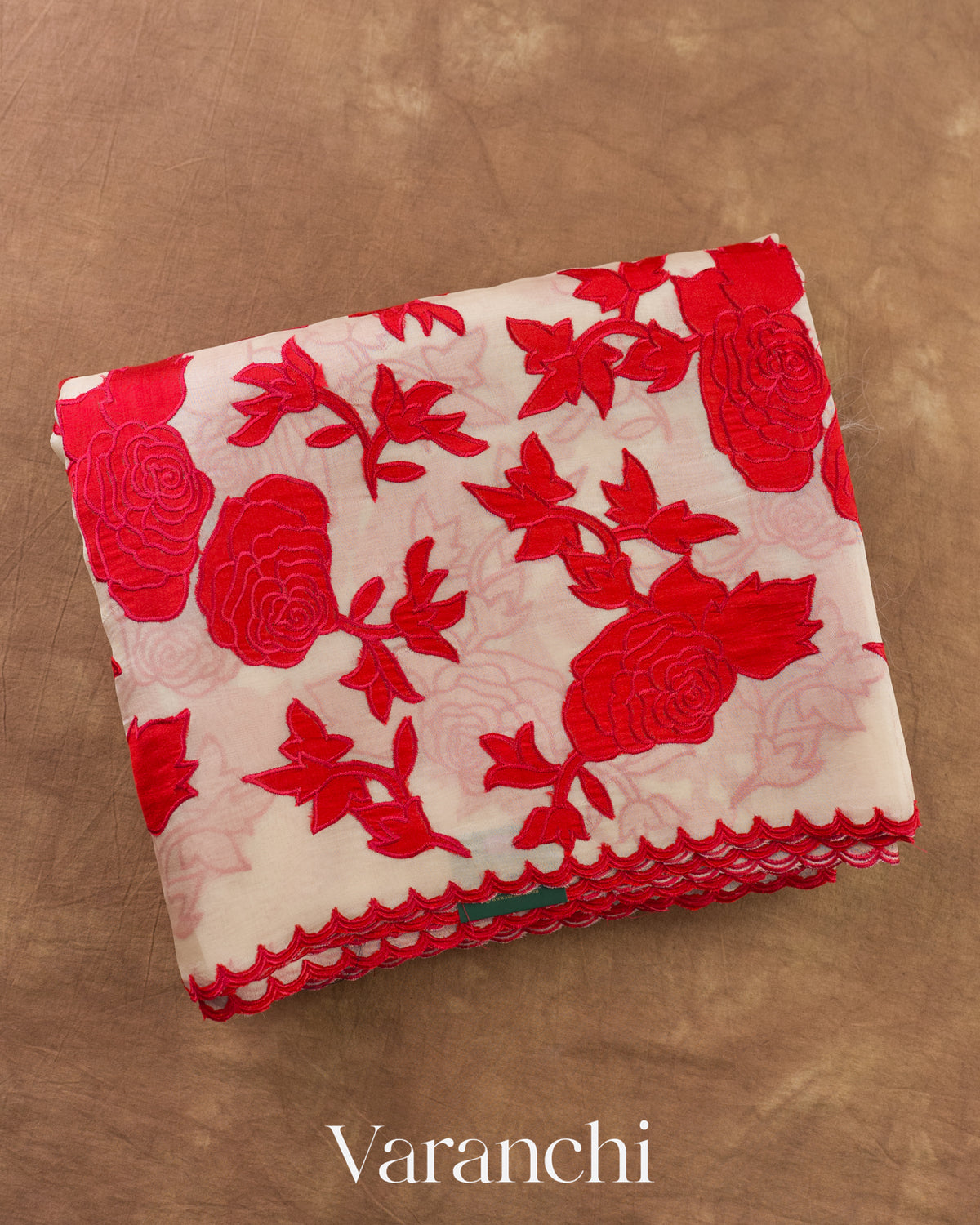 Off White Floral Applique Pure Kora Silk Saree — Folded