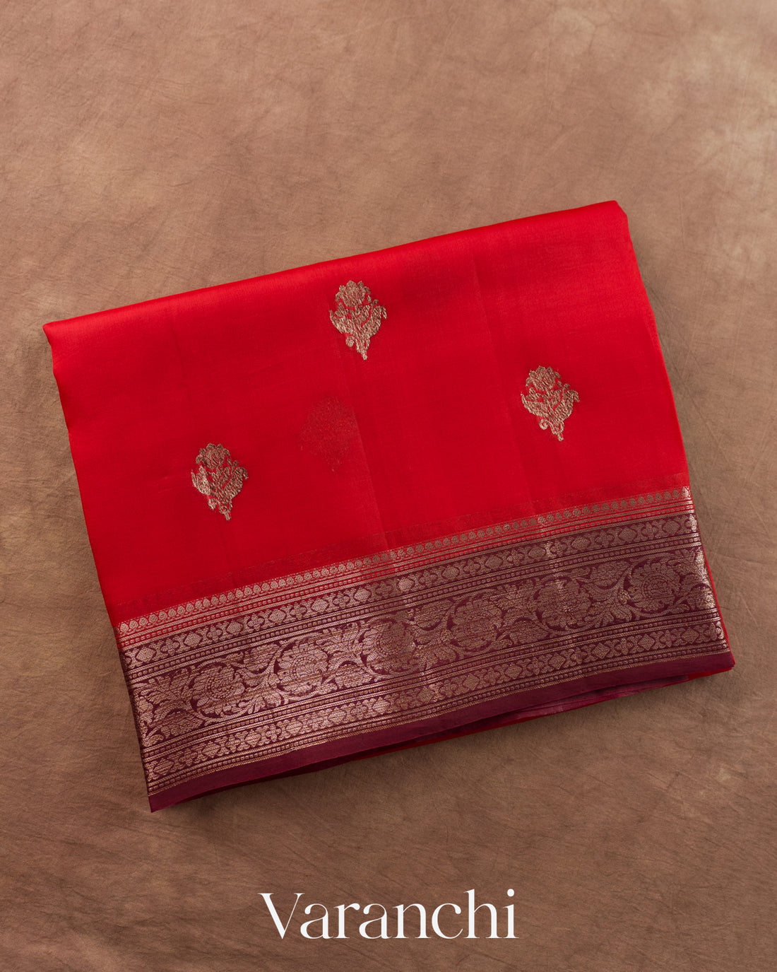 Crimson Red Pure Kora Silk Handloom Saree — Folded