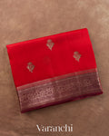 Crimson Red Pure Kora Silk Handloom Saree — Folded