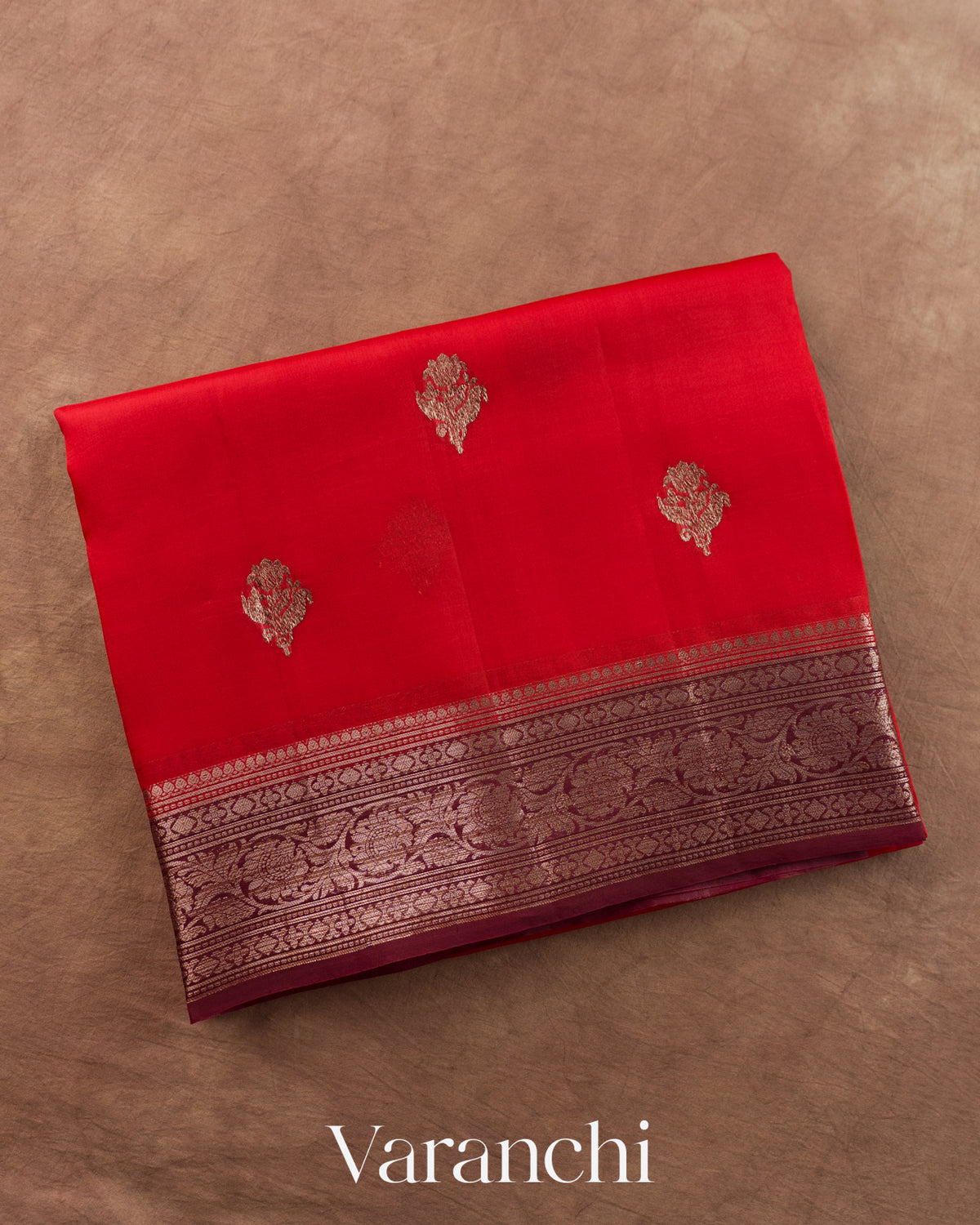 Crimson Red Pure Kora Silk Handloom Saree — Folded
