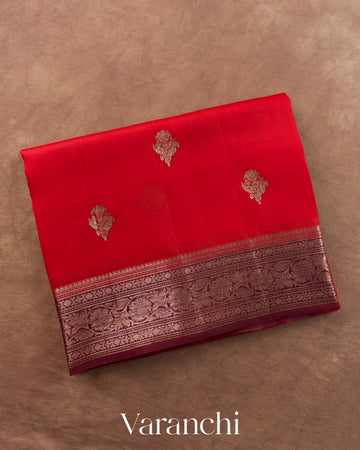 Crimson Red Pure Kora Silk Handloom Saree — Folded