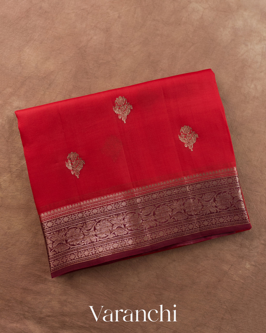 Crimson Red Pure Kora Silk Handloom Saree — Folded