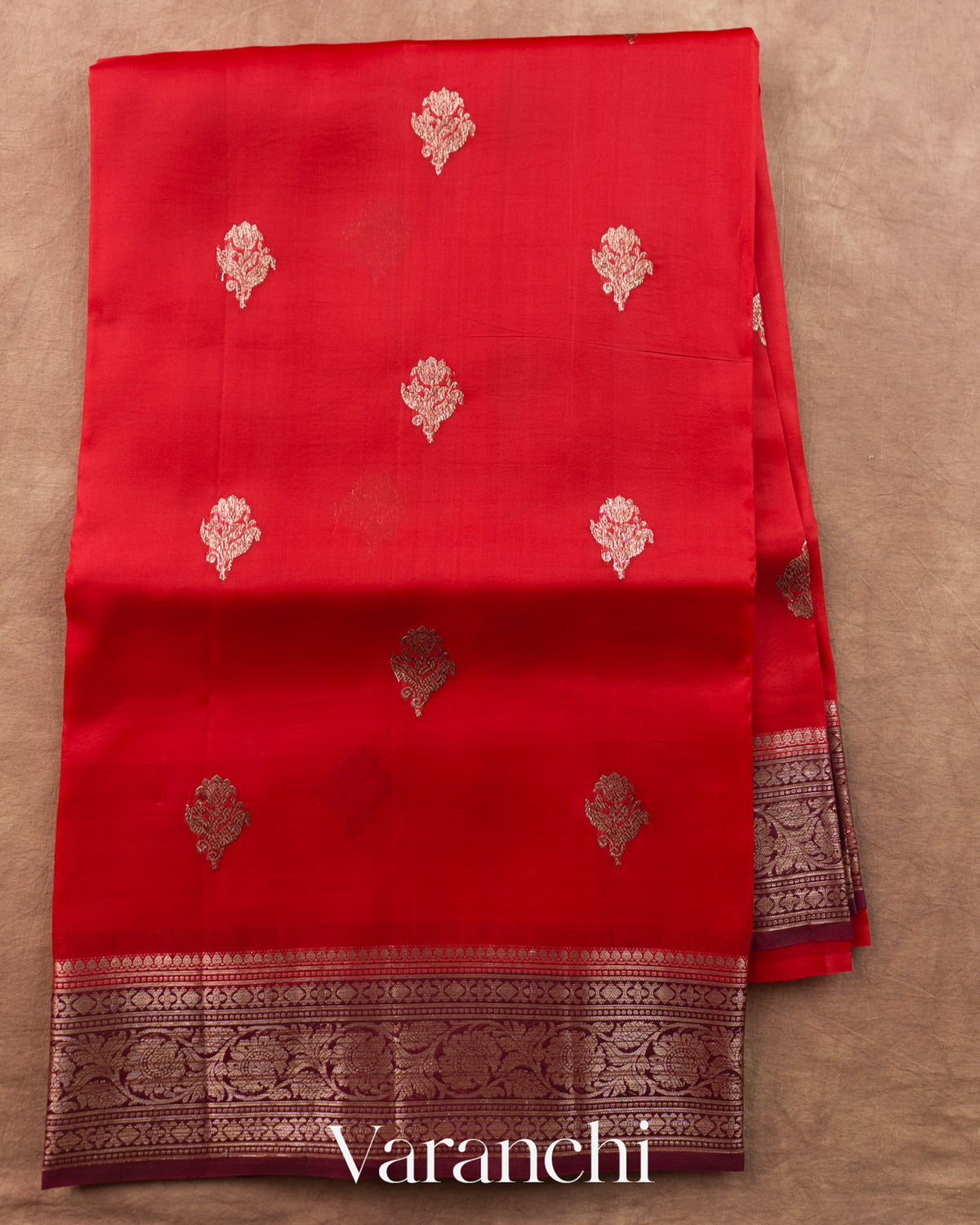 Crimson Red Pure Kora Silk Handloom Saree — Full Saree