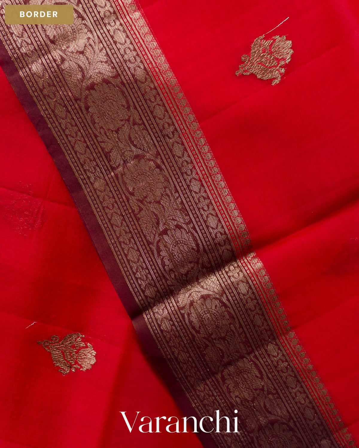Crimson Red Pure Kora Silk Handloom Saree — Border