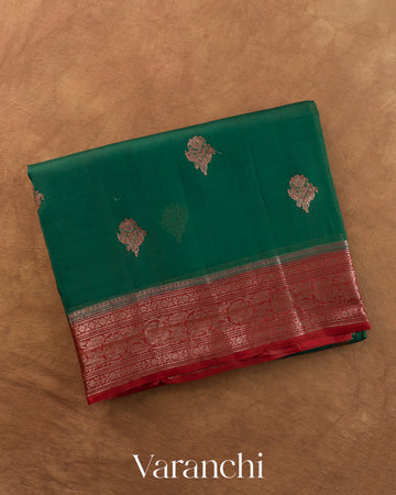 Bottle Green Pure Kora Silk Handloom Saree — Folded