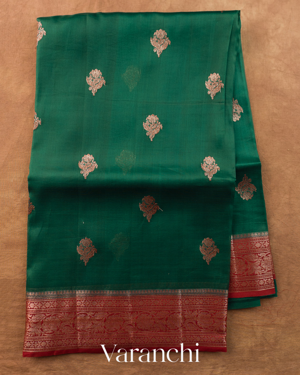 Bottle Green Pure Kora Silk Handloom Saree — Full Saree