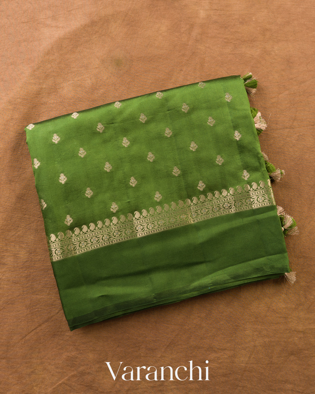 Parrot Green Pure Dupion Silk Handloom Saree — Folded