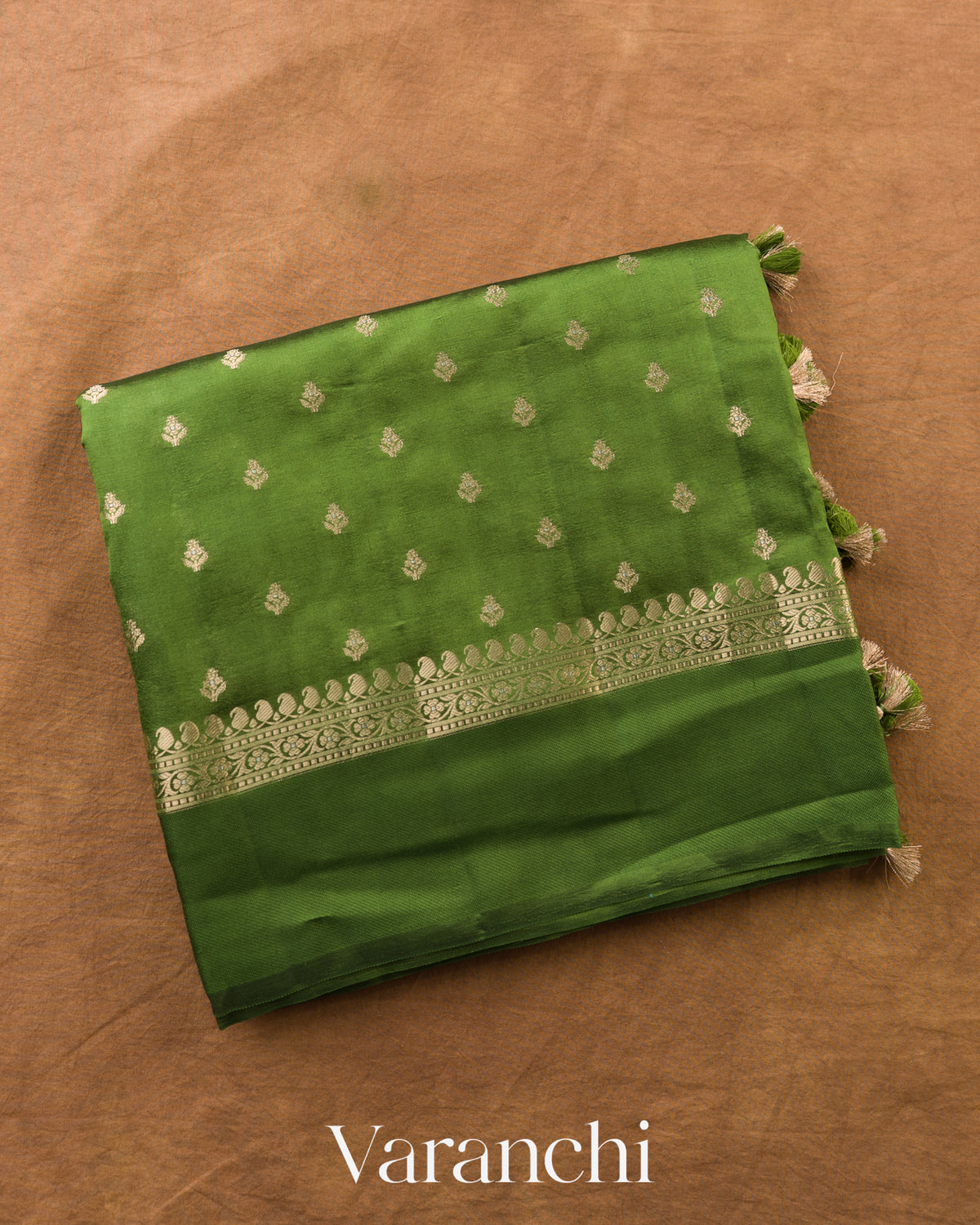Parrot Green Pure Dupion Silk Handloom Saree — Folded