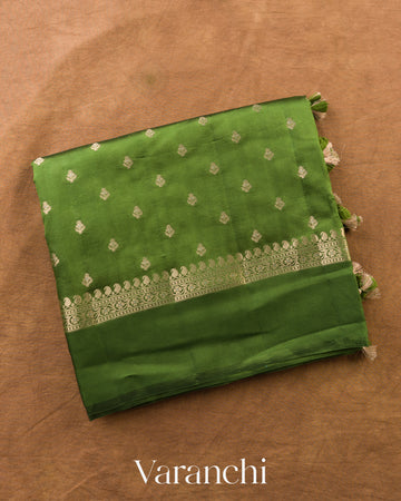 Parrot Green Pure Dupion Silk Handloom Saree — Folded