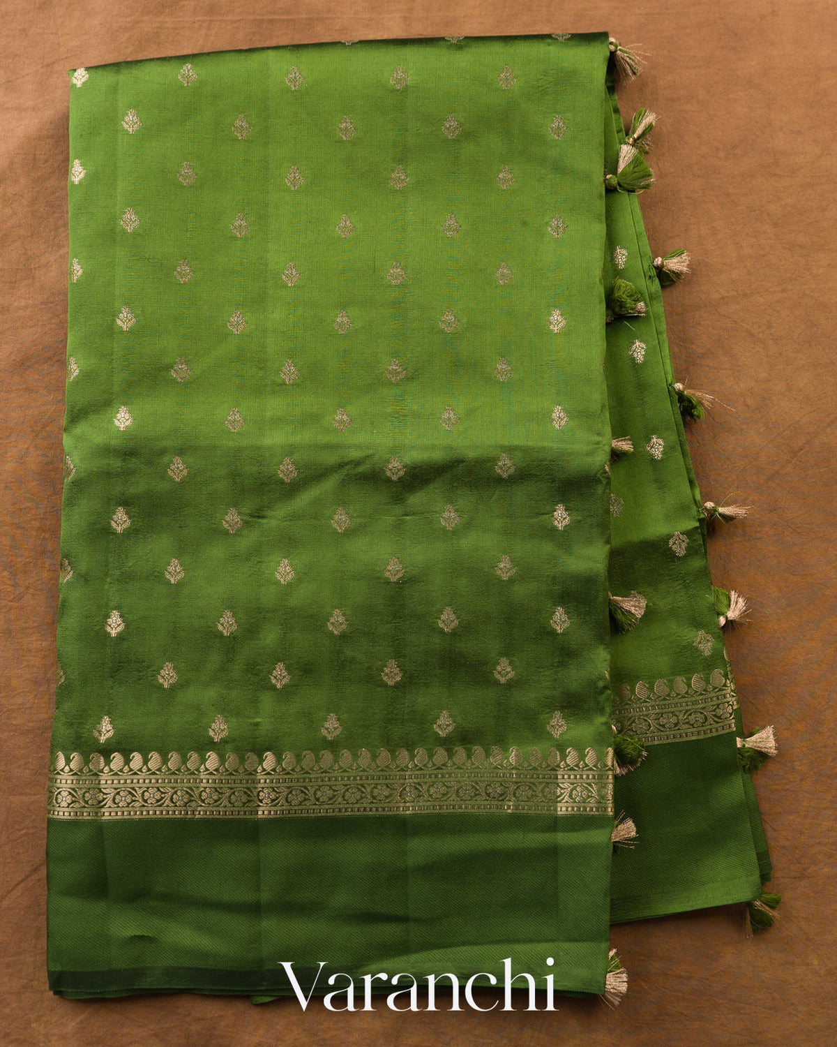 Parrot Green Pure Dupion Silk Handloom Saree — Full Saree
