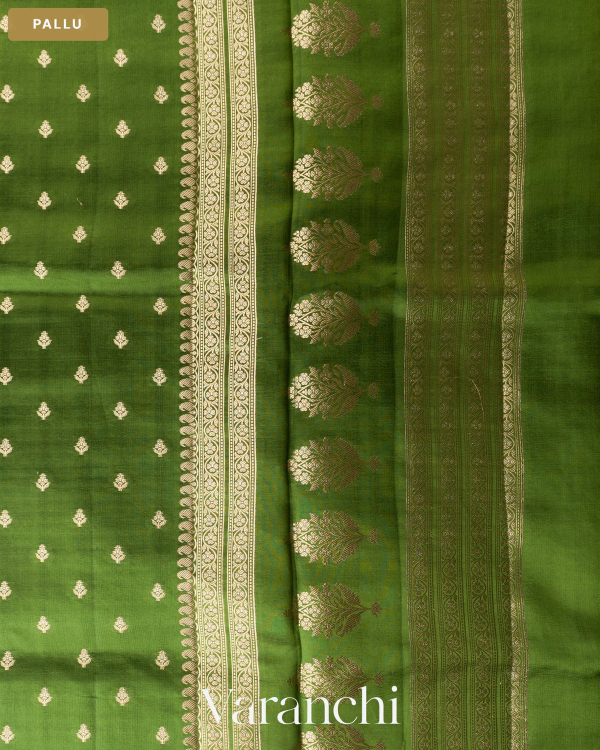 Parrot Green Pure Dupion Silk Handloom Saree — Pallu