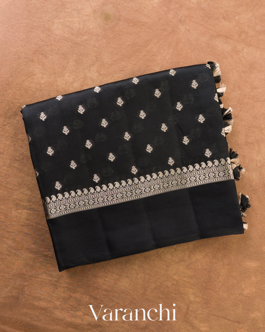 Jet Black Pure Dupion Silk Handloom Saree — Folded