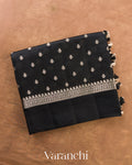 Jet Black Pure Dupion Silk Handloom Saree — Folded