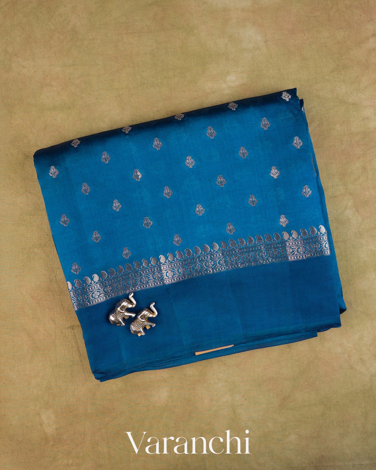 Ink Blue Pure Dupion Silk Handloom Saree — Folded