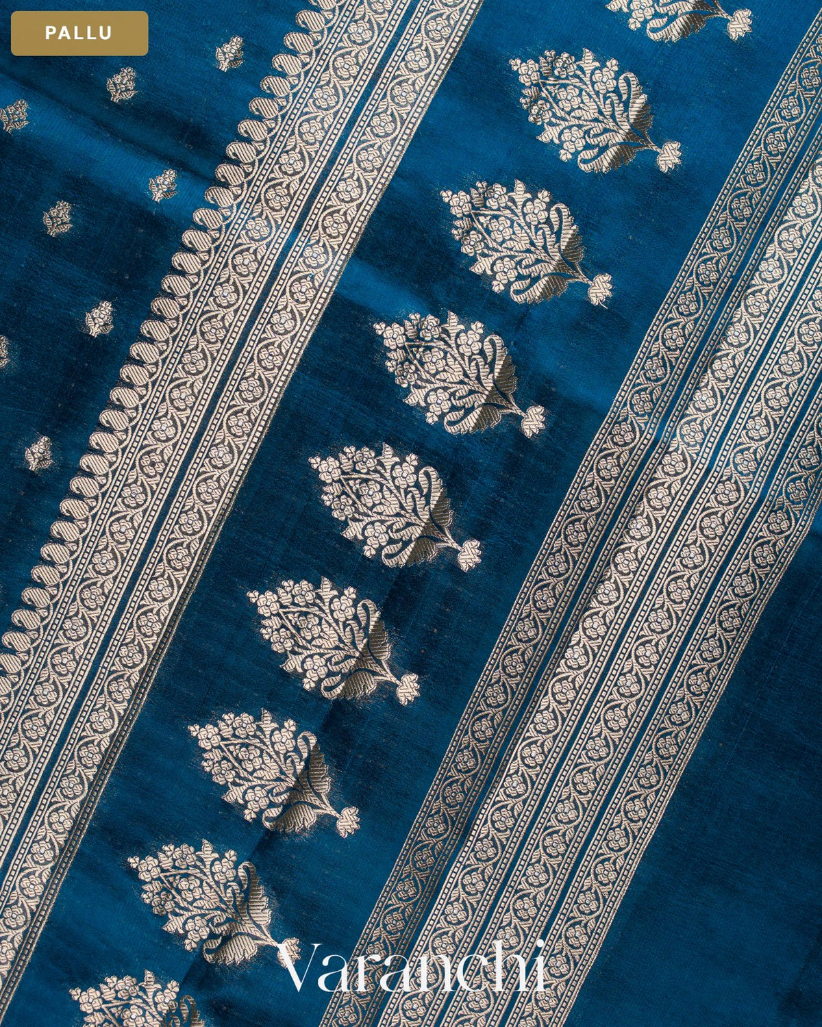 Ink Blue Pure Dupion Silk Handloom Saree — Pallu
