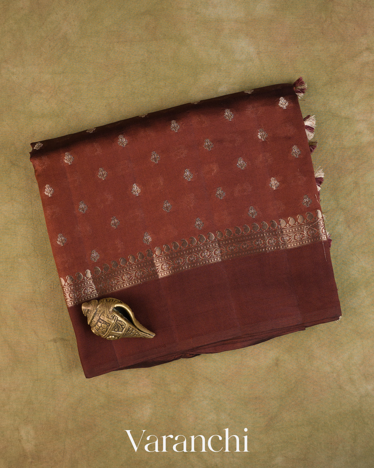 Earthy Brown Pure Dupion Silk Handloom Saree — Folded
