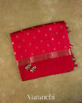 Tomato Red Pure Dupion Silk Handloom Saree — Folded