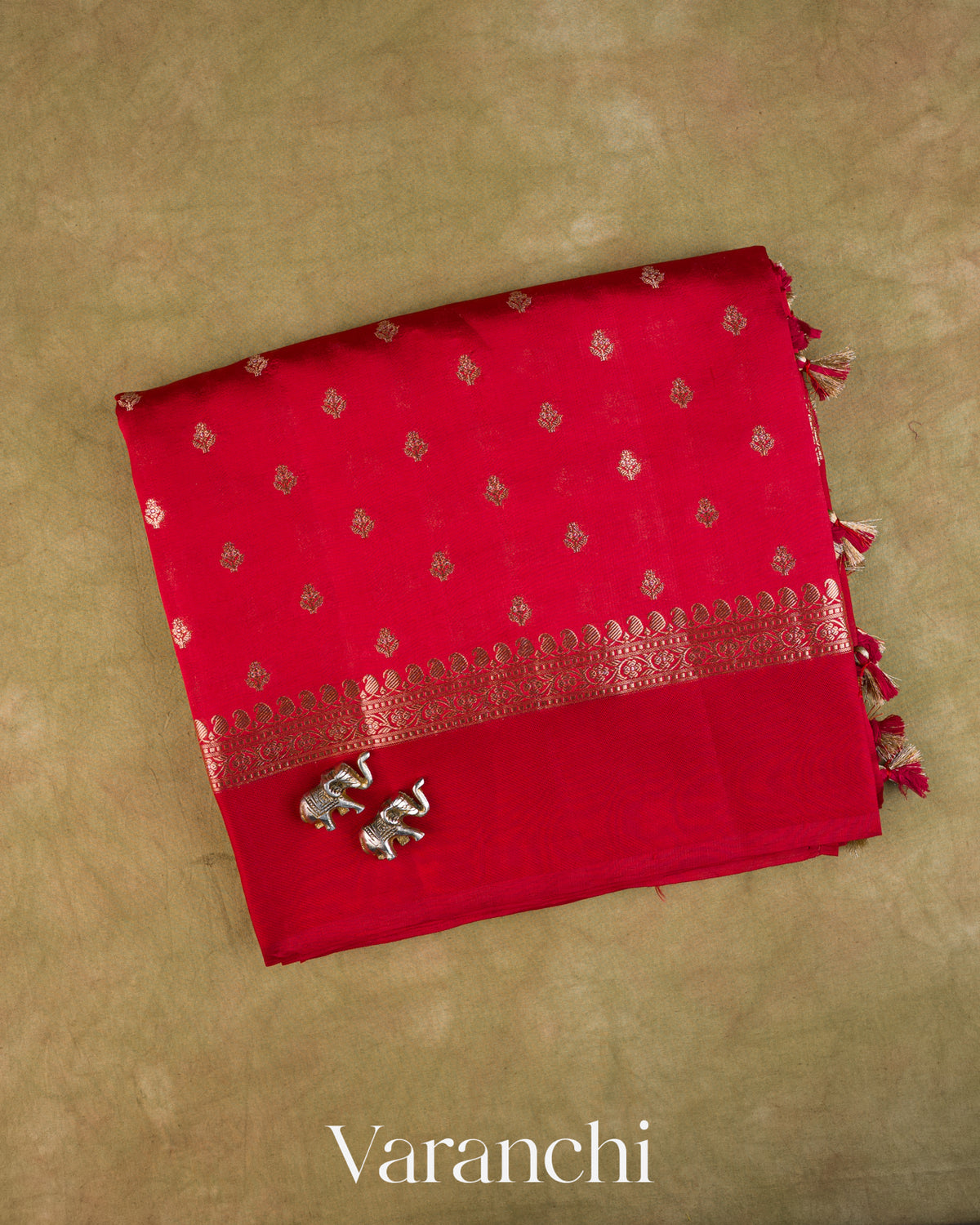Tomato Red Pure Dupion Silk Handloom Saree — Folded